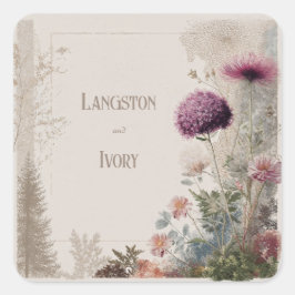 Pegatina Cuadrada Boda de Flor Silvestre de Arte Folclórico Botánico