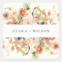 PEGATINA CUADRADA BODA DE FLORAL DE COLOR DE AGUA ROSA DE RUBOR PEAC