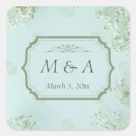Pegatina Cuadrada Boda de Flores Blancas Verde azuladas Pastel