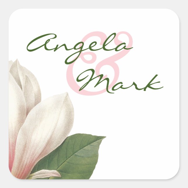 Pegatina Cuadrada Boda de Flores de Magnolia del Sur | Rosa y blanco (Anverso)