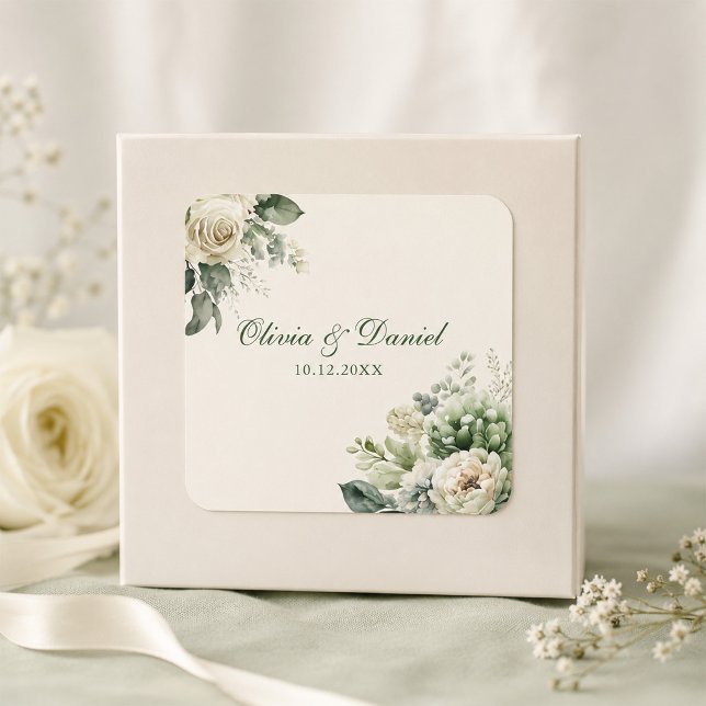 Pegatina Cuadrada Boda de flores de marfil y verde salvia (Boho Sage Green and Ivory Flowers Wedding Square Sticker )