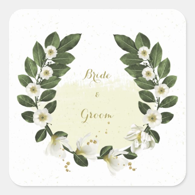 Pegatina Cuadrada boda de flores doradas y blancas (Anverso)