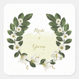 Pegatina Cuadrada boda de flores doradas y blancas