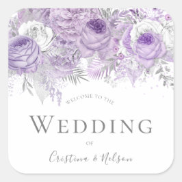 Pegatina Cuadrada Boda de flores moradas Bienvenidos