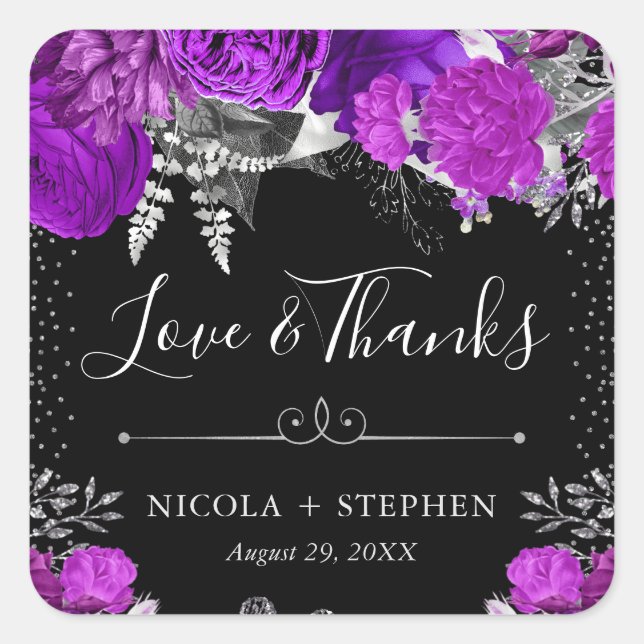Pegatina Cuadrada Boda de flores moradas y plateadas con acuarela (Anverso)