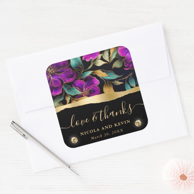 Pegatina Cuadrada Boda de flores moradas y Verde azuladas acuarelas (Sobre)