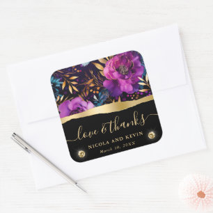 Pegatina Cuadrada Boda de flores púrpura y azul turquesa con acuarel
