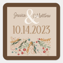 Pegatina Cuadrada Boda de flores silvestres Elegante inspiración mod
