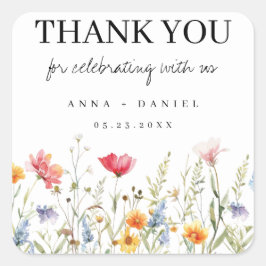 Pegatina Cuadrada Boda de Flores Silvestres Gracias