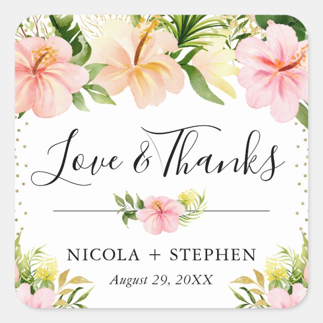 Pegatina Cuadrada Boda de flores tropicales acuarelas (Anverso)