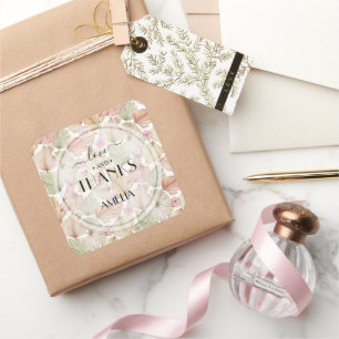 Pegatina Cuadrada Boda de flores y hojas secas Boho