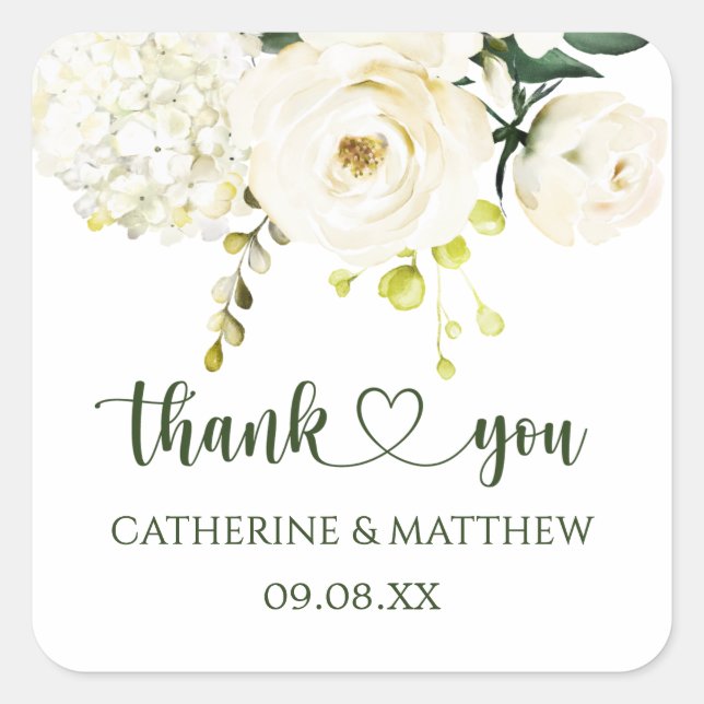 Pegatina Cuadrada Boda de follaje verde de rosas blancas (Anverso)