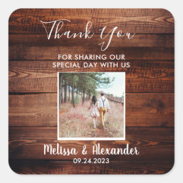 Pegatina Cuadrada Boda de fotografía de granero rústico Gracias