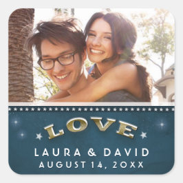 Pegatina Cuadrada Boda de FOTOS de amor de estrellas verde azuladas