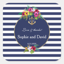Pegatina Cuadrada Boda de franjas azules de la marina tropical flora