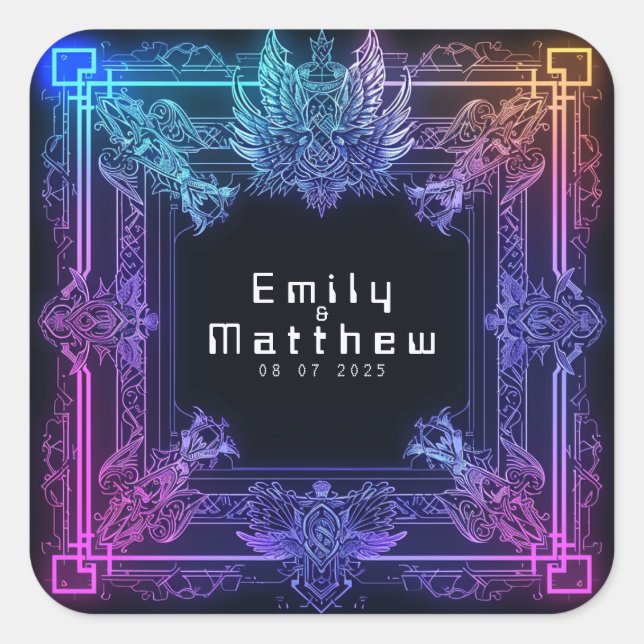 Pegatina Cuadrada Boda de Fusión Ciber-Medieval (Anverso)