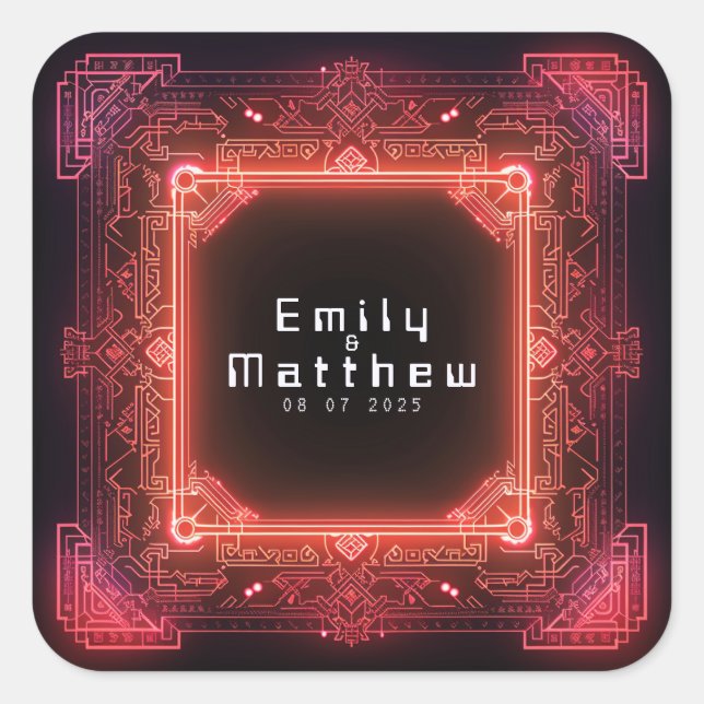 Pegatina Cuadrada Boda de Fusión Ciber-Medieval (Anverso)
