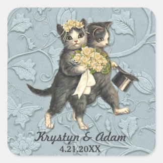 Pegatina Cuadrada Boda de gatos posados azul