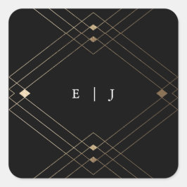 Pegatina Cuadrada Boda de gatsby de deco geométrico de diamante negr