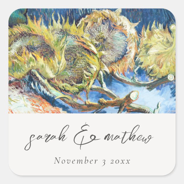 Pegatina Cuadrada Boda de girasol amarillo azul guiñada por un guión (Anverso)