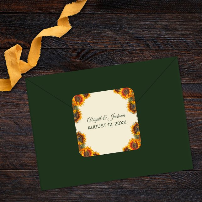 Pegatina Cuadrada Boda de girasol Forest Green Rustic (Subido por el creador)