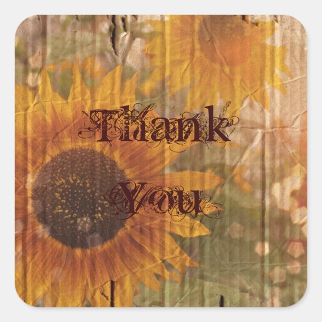 Pegatina Cuadrada boda de girasol rústico de cartón (Anverso)