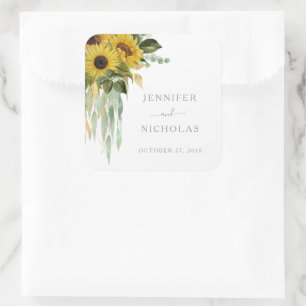Pegatina Cuadrada Boda de girasoles verdes florales elegantes
