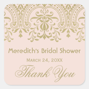 Pegatina Cuadrada Boda de glamour de Rubor Gold Vintage con ducha de