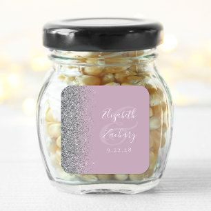 Pegatina Cuadrada Boda de Glitter Plateado con Borde de Lila Polvori