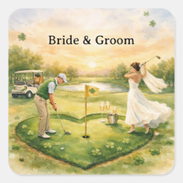 Pegatina Cuadrada Boda de Golf Afortunado en el Amor tema del Día de