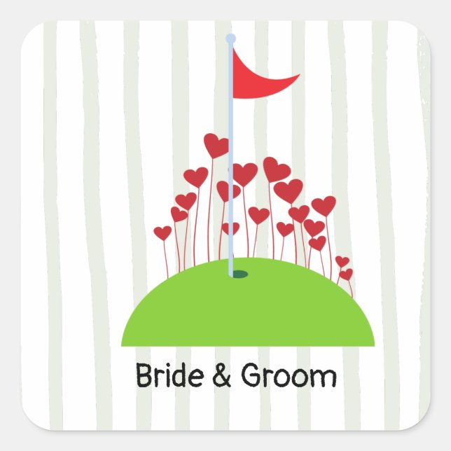 Pegatina Cuadrada Boda de golf con mucho amor en la bandera de golf (Anverso)