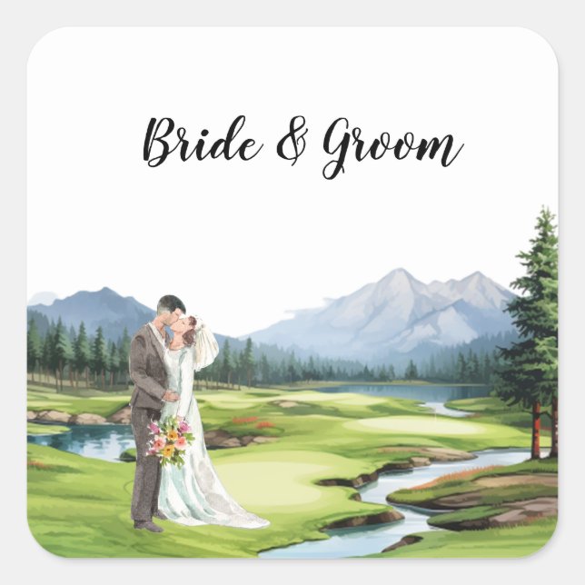 Pegatina Cuadrada Boda de golf con novia y novio