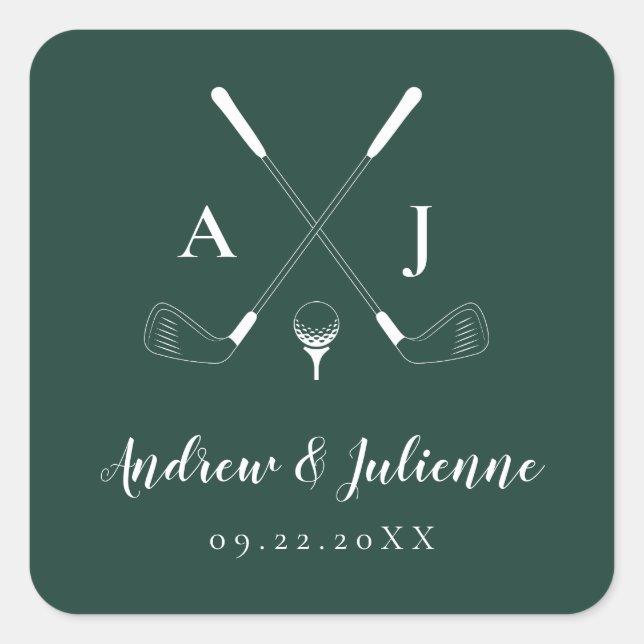 Pegatina Cuadrada Boda de golf Moderno del Monograma Verde Esmeralda (Anverso)