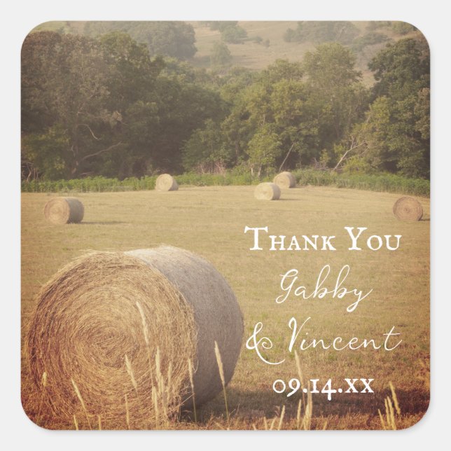 Pegatina Cuadrada Boda De Granja De Hay Bales De Ronda Gracias Etiqu (Anverso)