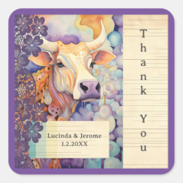Pegatina Cuadrada Boda de granja ox Cow Gracias
