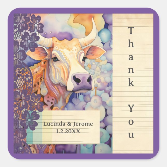 Pegatina Cuadrada Boda de granja ox Cow Gracias (Anverso)