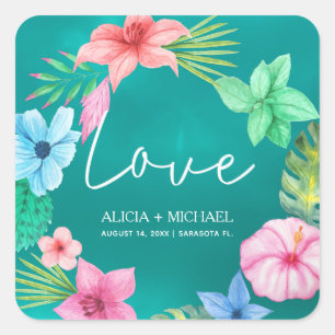 Pegatina Cuadrada Boda de guión de amor tropical floral de Beach Haw