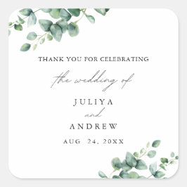 Pegatina Cuadrada Boda de guión de Greenery Eucalyptus