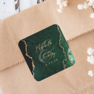 Pegatina Cuadrada Boda de guión de la ágata de oro verde esmeralda
