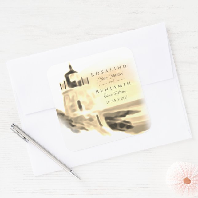 Pegatina Cuadrada Boda de guiones del faro de agua dorada de moda (Sobre)