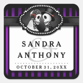 Pegatina Cuadrada Boda de Halloween Esqueletos con rayas negras púrp