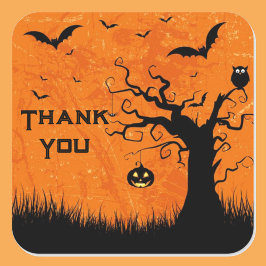 Pegatina Cuadrada Boda de Halloween Gracias Árbol asustado