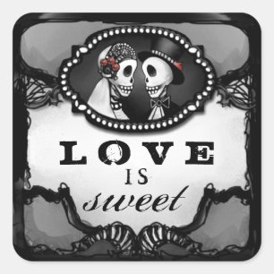 Pegatina Cuadrada Boda de Halloween Skeletons El amor es la plaza du