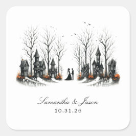 Pegatina Cuadrada Boda de Halloween Village
