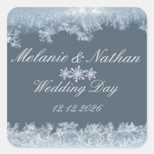 Pegatina Cuadrada Boda de invierno azul helado personalizada