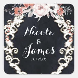 Pegatina Cuadrada Boda de invierno elegante tiza oscura floral pálid