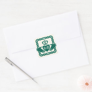 Pegatina Cuadrada Boda de Knot Claddagh, célebre verde esmeralda