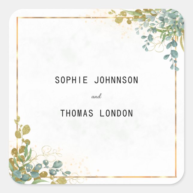 Pegatina Cuadrada Boda de la acuarela del eucalipto verde y dorado (Anverso)