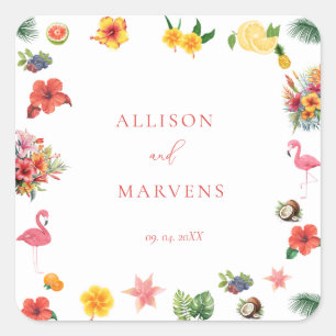 Pegatina Cuadrada Boda de la Flaminosa Fun Tropical Colorido