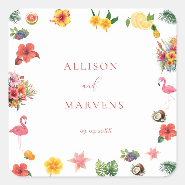 Pegatina Cuadrada Boda de la Flaminosa Fun Tropical Colorido (Anverso)